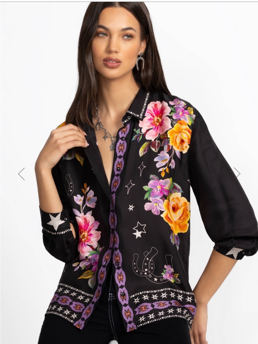 Jade by Johnny Was Top Women's Small Rosalynda Floral Celestial Silk Shirt E